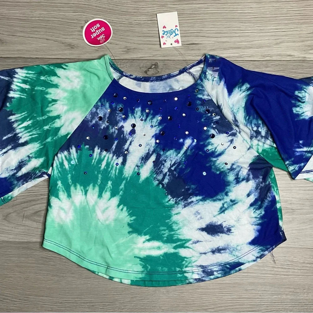 JUSTICE SIZE  5 CROP  SEQUIN T-SHIRT TOP‎ Blue Green Tie Dye NWT